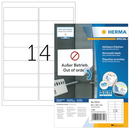 HERMA 10310 adreslabels A4 afneembaar (99,1 x 38,1 mm, 100 velles, papier, mat) zelfklevend, bedrukbaar, verwijderbaar en opnieuw klevende etiketten, 1.400 etiketten voor printer, wit
