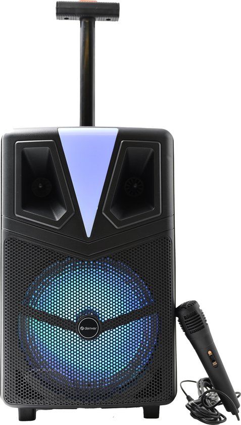 Denver TSP-307 Bluetooth Partyspeaker met Karaokemicrofoon, LED Discolamp en Trolley - Zwart