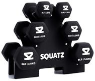 Squatz Haltergewichten Set met Standaard, 14,5 kg Neopreen Gecoate Gewichten in Kleur Grijs, Zwart en Oranje, Zeskantvorm Antislip en Rolhalters voor Oefening, Training, Fitness, Yoga (Zwart)