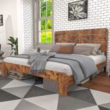 MODFU Houten Tweepersoonsbed 140x200 cm – Vintage stijl – Metalen frame & lattenbodem – Bruin