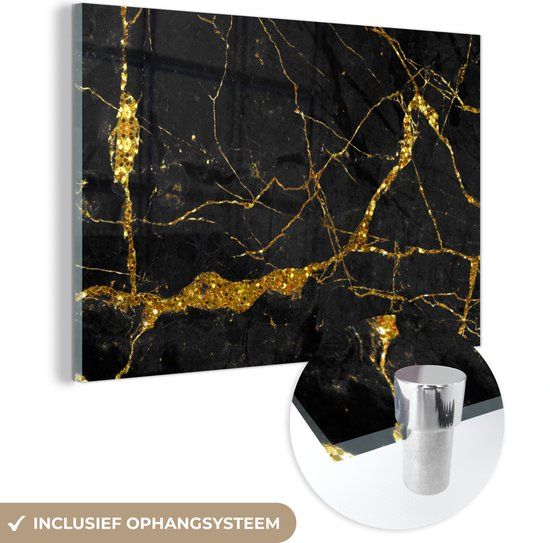 MuchoWow® Glass Painting 120x80 cm - Acrylic Glass Painting - Marble - Gold - Black - Marble Look - Luxury - Glitter - Photo on Glass - Paintings