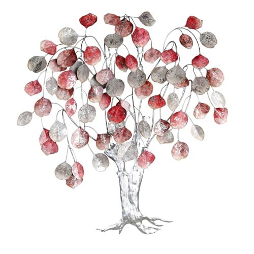 Casablanca Deco Love Tree Wandobject - Metalen Afbeelding XXL Boom met Bladeren - Wanddecoratie Woonkamer - Rood Grijs Zilver - 80 x 72 cm