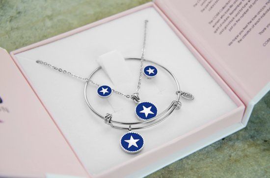 CO88 Collection Gift Set 8CO SET006 Sieraden Geschenkset - Armband Collier en Oorknoppen met Ster - Zilverkleurig / Blauw