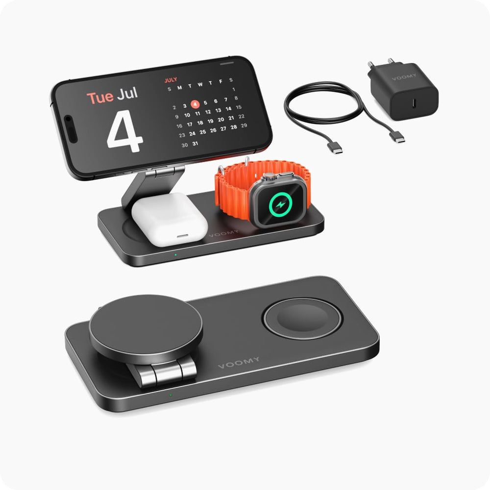 Voomy Wireless W3S 3-in-1 Draadloze Oplader (15W Snellader) - Opvouwbaar - Zwart