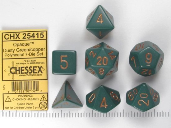 Chessex dobbelstenen set 7 polydice Opaque dusty green w/copper