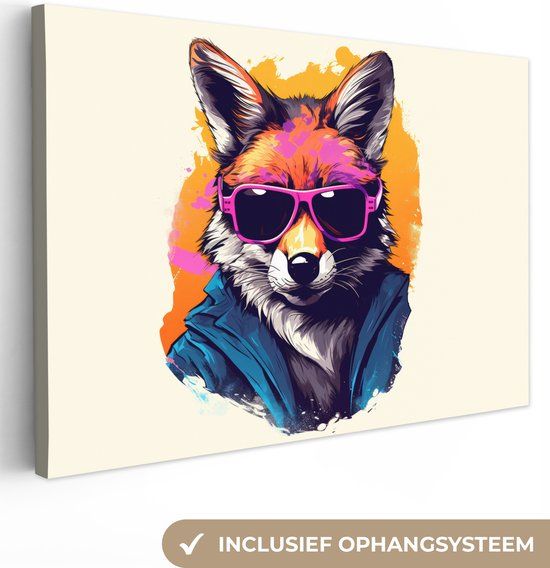 OneMillionCanvasses Canvas schilderij 180x120 cm - Vos - Bril - Geel - Oranje - Wanddecoratie