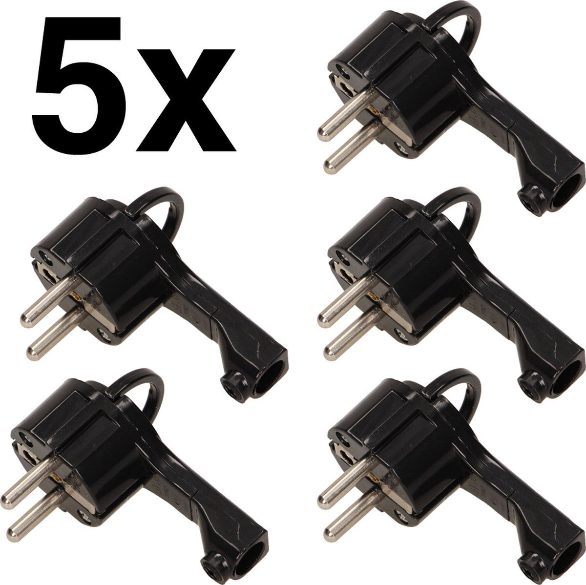 Orno 5x Platte compacte haakse stroomstekker - Zwart - Voordeelverpakking