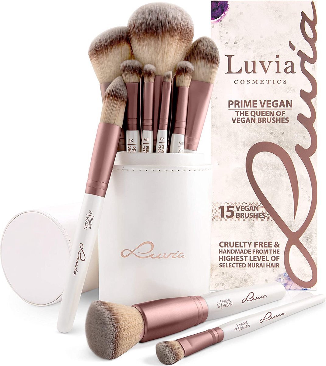 Luvia Cosmetics Luvia Make-up Kwasten Set, Prime Vegan Brush Set Incl. Nobele borstelhouder en satijnen zakje Voor cosmetische borstels