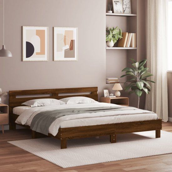 vidaXL Bedframe met hoofdeinde en LED bruin eikenkleur 200x200 cm