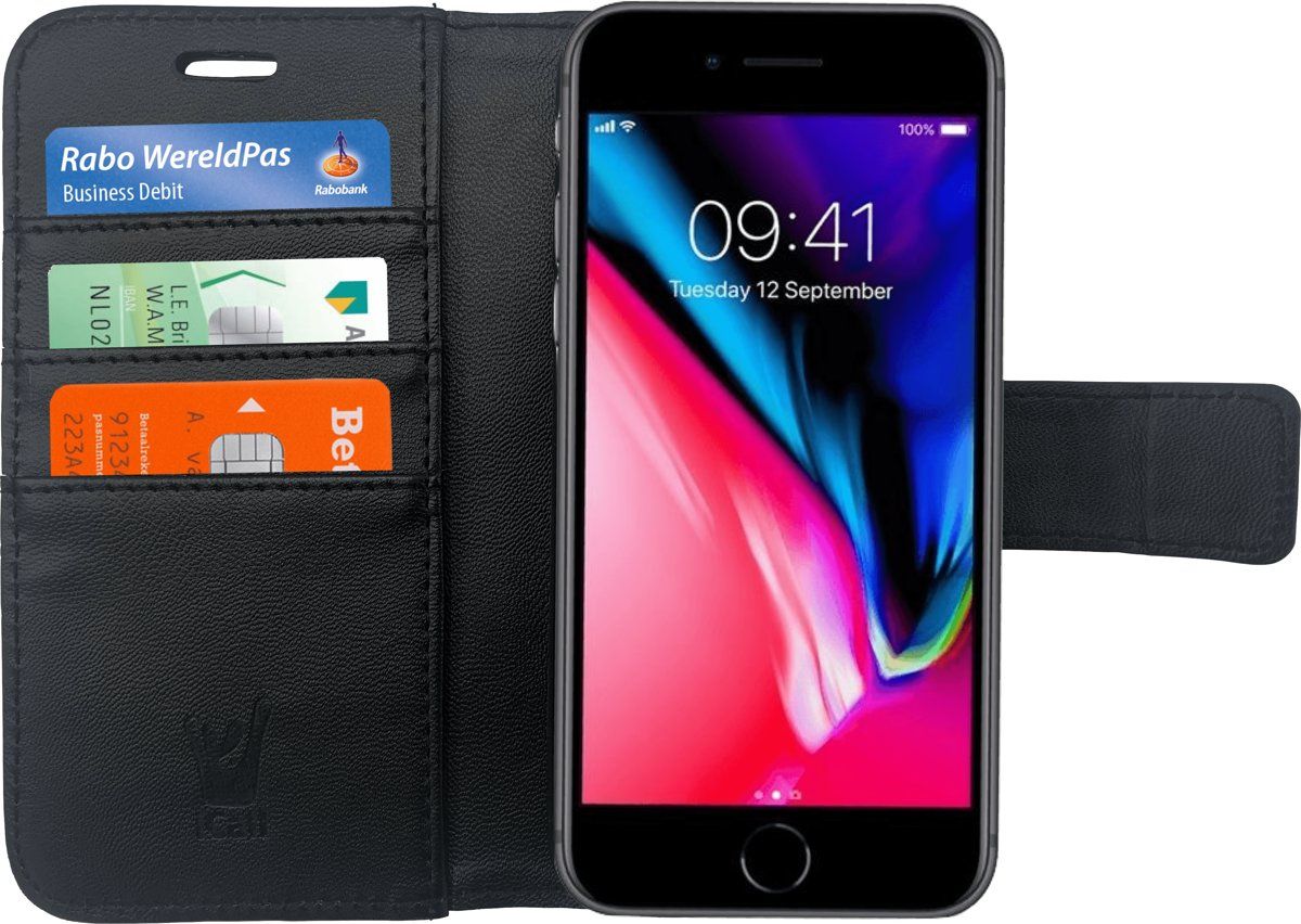 iCall Hoesje voor Apple iPhone 8 Book Case Portemonnee - Cover voor 3 Pasjes Zwart