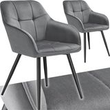 tectake® Eetkamerstoelen Marilyn - Set van 2 - Gestoffeerde Stoel in Fluweellook - Stikpatroon - Zwarte Stoelpoten - Ergonomische Keukenstoel - Doorlopende Rugleuning en Armleuningen - Stoel voor Woonkamer, Eetkamer, Slaapkamer - Grijs