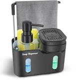 Ibenzoa® Organisateur de cuisine 4-en-1 avec distributeurs de savon, porte-éponge et crochet pour torchon, antidérapant et amovible, noir
