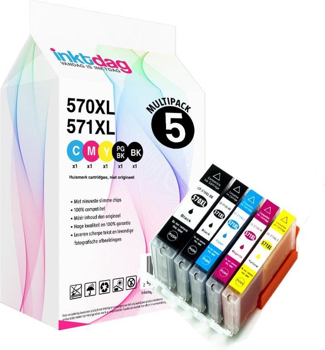 inktdag inktcartridges voor Canon PGI-570XL / CLI-571XL, Canon 570/571 multipack van 5 stuks voor Pixma MG5700, MG5750, MG5751, MG5752, MG5753, MG6800, MG6850, MG6851, MG6852, MG6853, MG7750, MG7751, TS5050, TS5051, TS5053, TS5055, TS6050, TS8050
