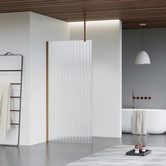 Fortifura Galeria Walk-in Shower - 90x200cm - Ribbed Glass - Ceiling Arm - Brushed Copper