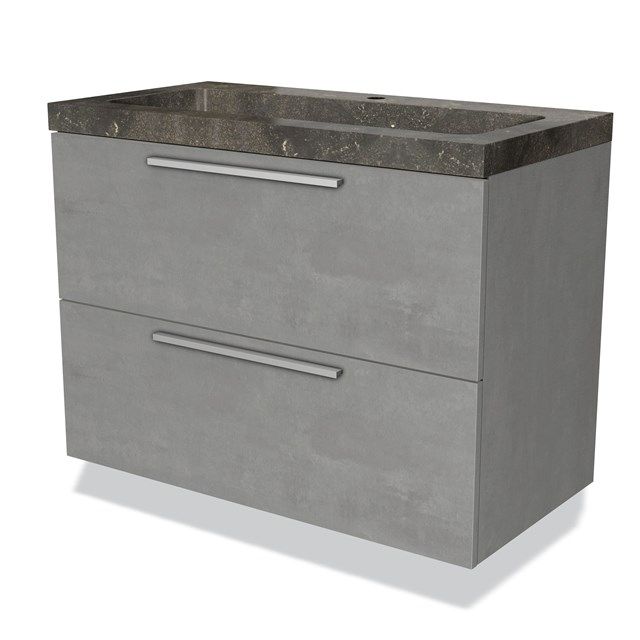 Maxaro Badkamermeubel 90cm Modulo Lichtgrijs Beton 2 Lades Vlak Wastafel Natuursteen