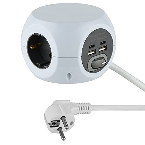 Electraline 62080 62078 Mini-kubus stekkerdoos 3-voudig met 4 17 W (2 type C PD compatibel met de nieuwste technologie + 2 USB A 3.4A Q.C) met schakelaar, kabel 1,5 m, wit