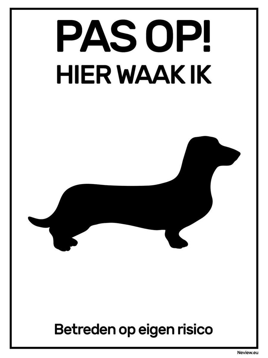 Neview Bordje "Hier waak ik" met Teckel - Zwart wit - 15 x 20 cm
