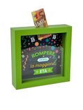 Decoratieve spaarpot 18 jaar, groen frame 16 x 16 cm, feestelijk ontwerp met gleuf voor bankbiljetten