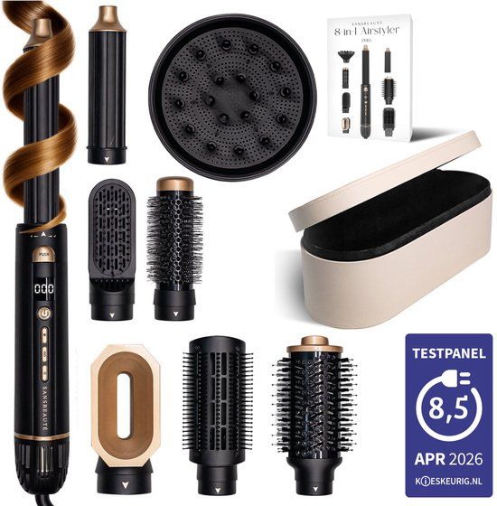 Sansbeauté® 8-in-1 Airstyler met Diffuser en Opbergdoos - Multistyler - Föhnborstel Kort Haar - Haarkruller - Haarstyler - Haardroger - Warmteborstel - Krulborstel - Krultang - Haarstijler - Stijlborstel - 5 in 1 Hairstyler