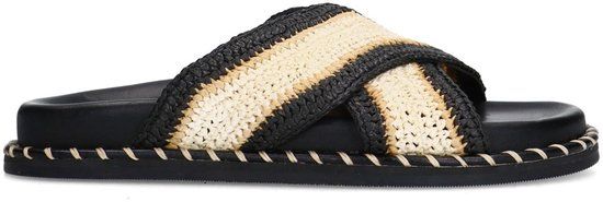 Sacha - Dames - Zwarte plateauslippers met beige band - Maat 37