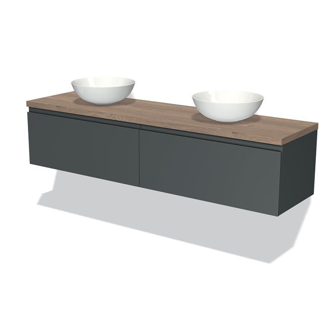 Maxaro Badkamermeubel Modulo Plato 180cm Donkergrijs 2 Lades Greeploos Middenbruin Eiken Blad