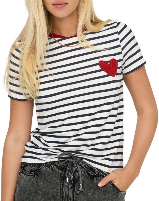Only ONLHEART S/S TEE JRS NOOS Dames T-shirt - wit/blauw - M