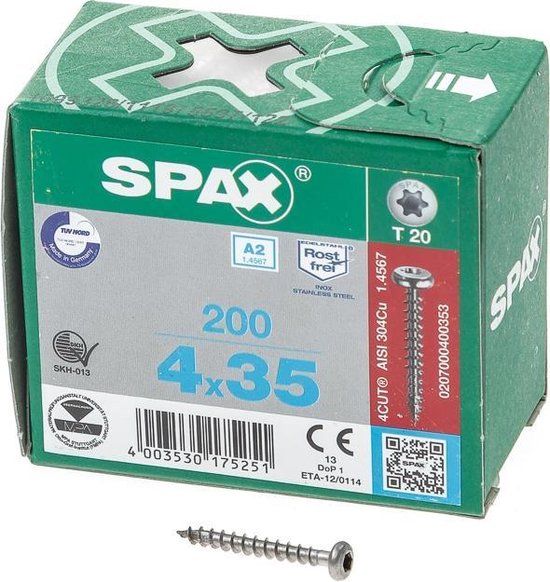 Spax Spaanplaatschroef cilinderkop RVS T-Star T20 4.0x35mm (200 stuks)