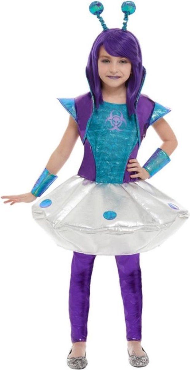 Smiffys Kinder Kostuum - Alien Girl Zilverkleurig/Paars - Kids tm 6 jaar