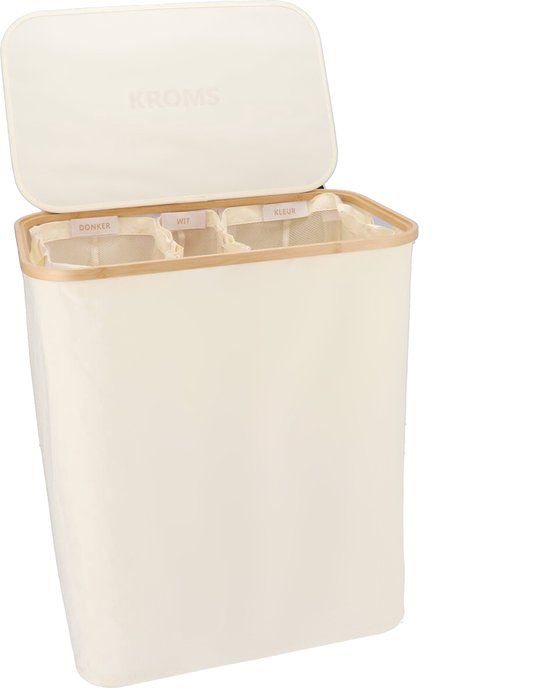 KROMS Wasmand 145L - Beige - Bamboe - 3 Vakken - Opvouwbaar