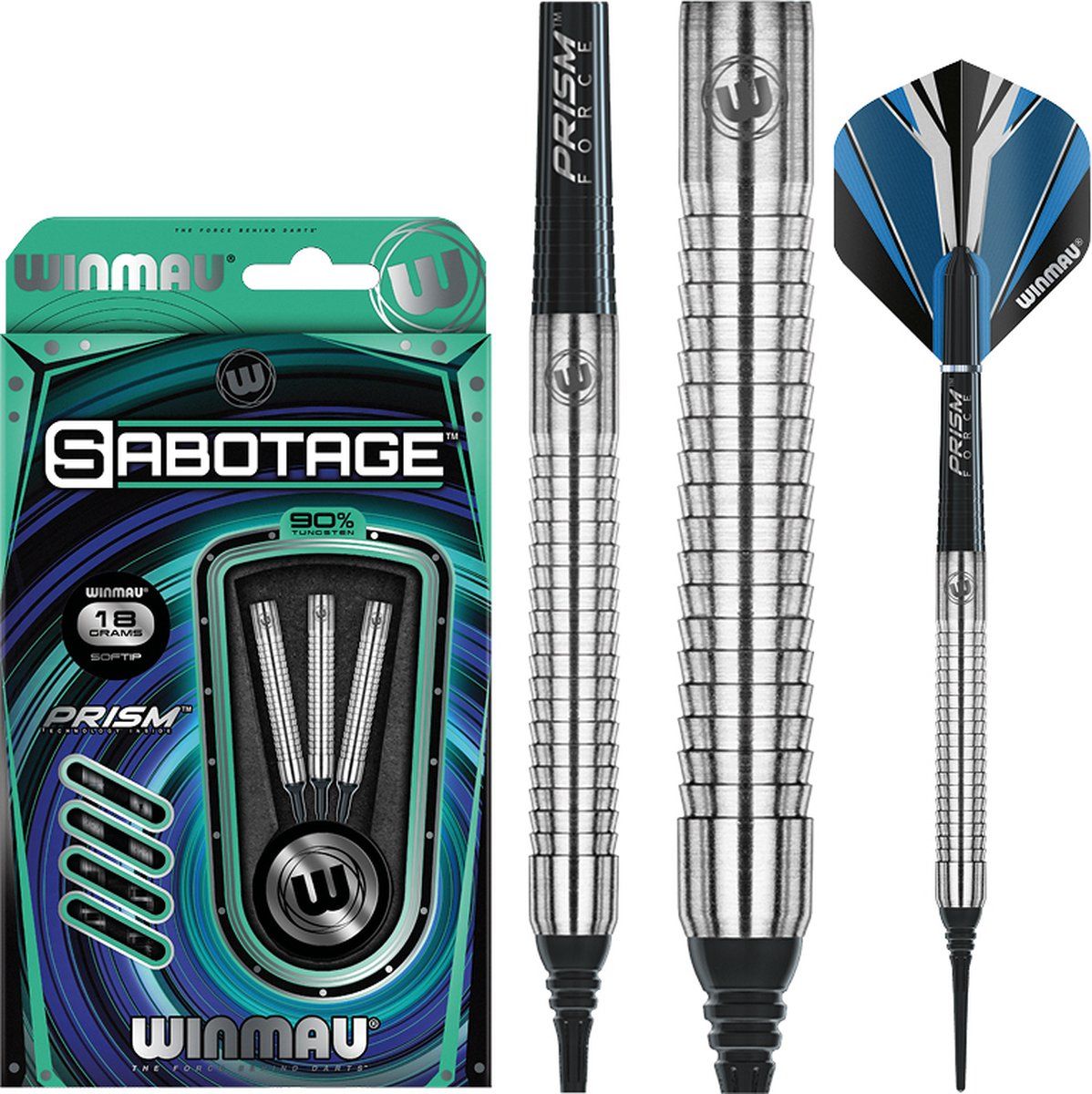 WINMAU Sabotage Softtip Dartpijlen Professioneel 18g - Zwart/Wit/Blauw/Zilver