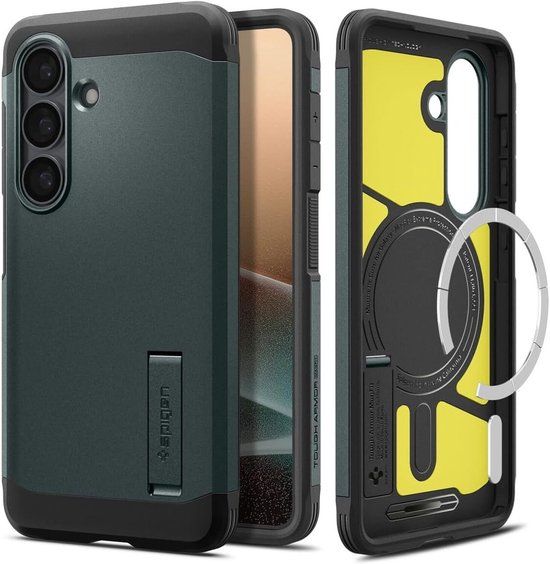 Spigen Tough Armor Hoesje Geschikt voor Samsung Galaxy S26 | Compatibel met MagSafe / Qi2 | Back Cover Militaire Standaard | Kickstand | Groen