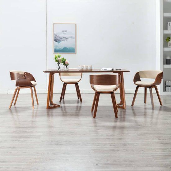 vidaXL Eetkamerstoelen - 4 stuks - Gebogen Hout en Kunstleer - Crèmekleurig