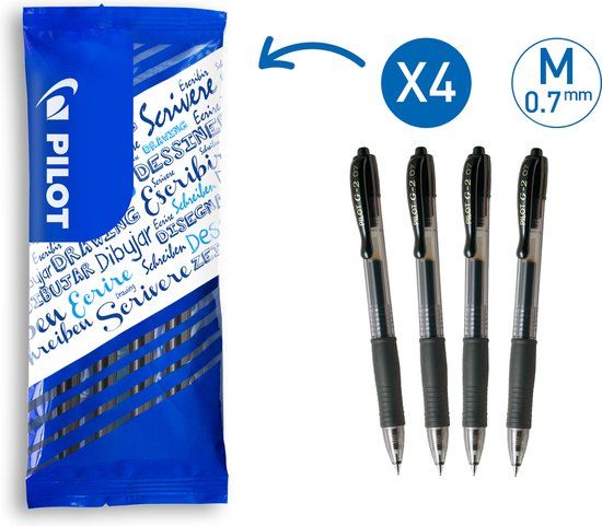 Pilot Frixion Medium g2 0,7 mm gelpen - Pak van 4 - Zwart
