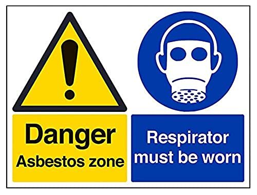V Safety VSafety 6B020BF-S "Danger Asbestzone/Respirator moet gedragen worden" Waarschuwingsbord, Zelfklevend Vinyl, Landschap, 400 mm x 300 mm, Zwart/Blauw/Geel