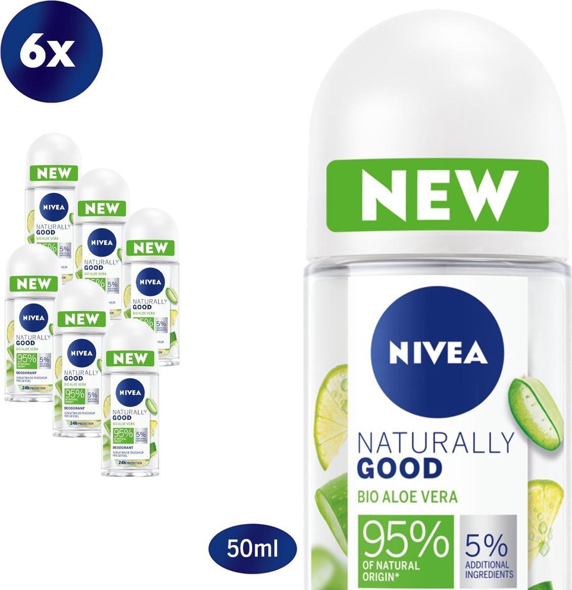 Nivea Naturally Good Bio Aloe Vera Deodorant Roller - 6 x 50 ml - Voordeelverpakking