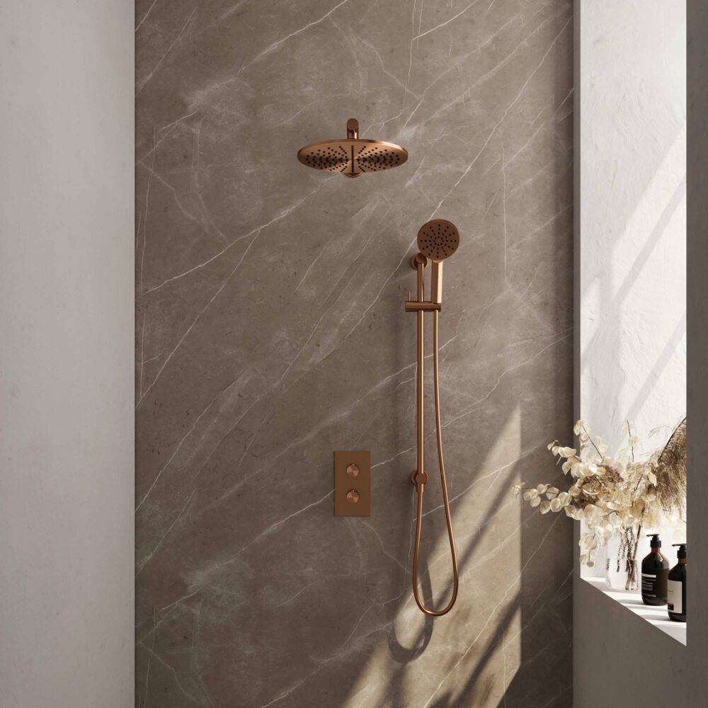 Brauer Copper Carving thermostatische inbouw regendoucheset met 2-weg omstel 40cm rechte wandarm met 30cm ronde hoofddouche 3 standen ronde handdouche 150cm gladde doucheslang met glijstang en handdouchehouder Koper geborsteld PVD 5-GK-140