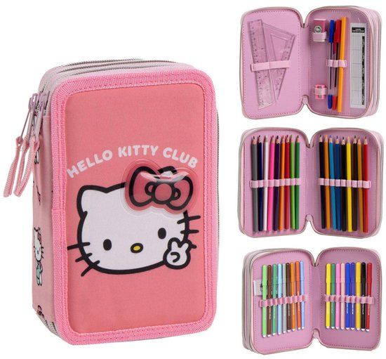 Hello Kitty Etui - Gevulde etui - 3 Lagen - 44-delig - Kleurpotloden - Stiften - Potlood - Puntenslijper - Gum - Pennen - Linialen