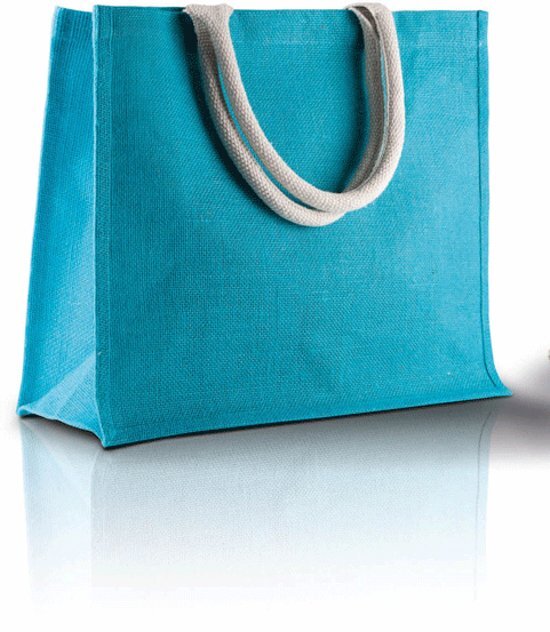 Kimood Jute turquoise shopper/boodschappen tas 42 cm - Stevige boodschappentassen/shopper bag