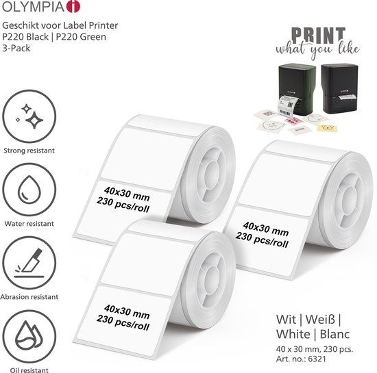 Olympia Thermische etiketten OL6321 - 40 x 30 mm - Wit - 3-Pack