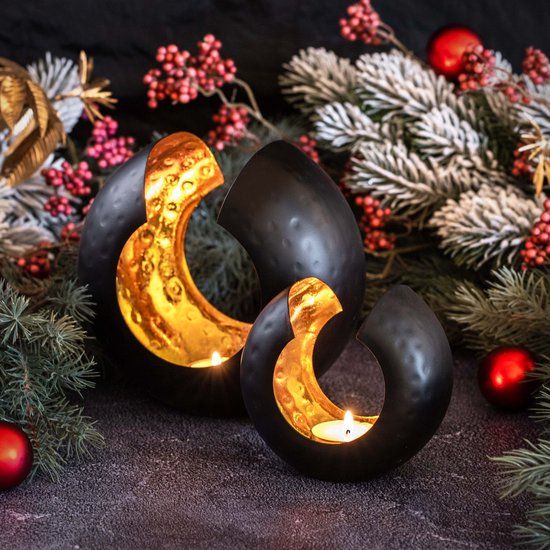 Gadgy Waxinelichthouder Rond - Theelichthouder Set van 2 - 17&12.5CM - Kaarsenhouders voor Waxinelichten - Metaal - Zwart / Goud