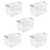 keeeper Opbergbak leo met deksel en wielen, 56 l, 59 x 38 x 35,5 cm, met clipsluiting, transparant, 5 stuks