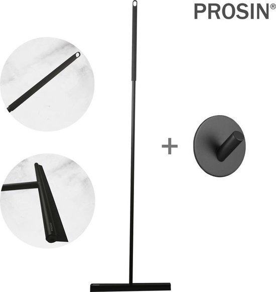 ProSin PROSIN® Luxe Vloerwisser badkamer - Vloertrekker - Vloertrekker met steel - Aftrekker - RVS - Zwart - Design - Wisser - Vloerwisser Douche - incl. zelfklevend haakje zwart