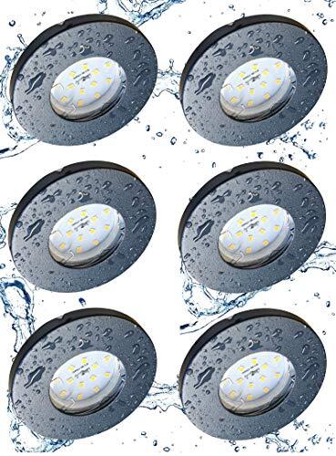 Trango Set van 6 6729IP65-061MO IP65 LED inbouwspots in antraciet mat incl. 6x 5 Watt 3000K warm wit ultra platte LED module voor badkamer inbouwspots, douche plafondspots, plafondlamp, badkamerverlichting