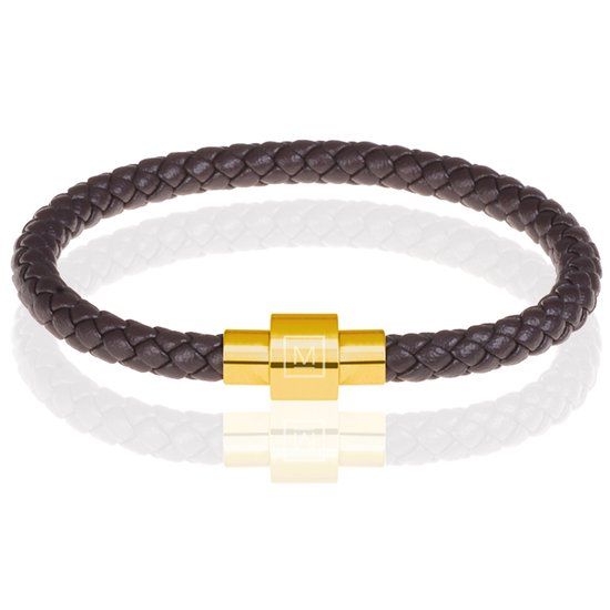 Memphis Armband Leer met Edelstaal Donkerbruin Goudkleurig-18cm