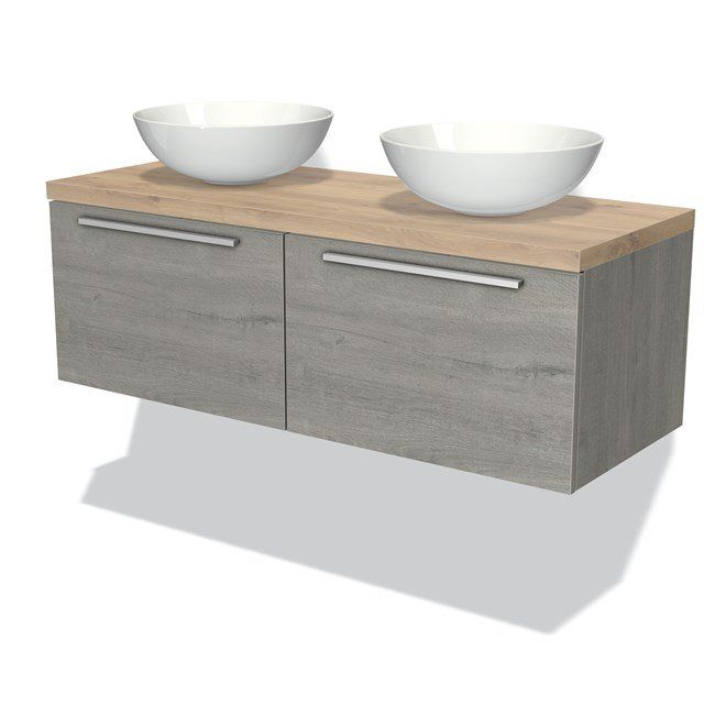 Maxaro Badkamermeubel Modulo Plato 120cm Grijs Eiken 2 Lades Lichtbruin Eiken Blad