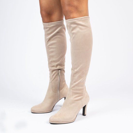 Manfield Dames Beige Stretch Laarzen met Hak Maat 38