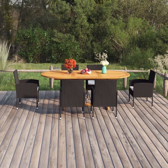 The Living Store Tuinset - Acaciahouten Eettafel - PE-rattan Stoelen - Cr&#232;mewit Kussen - 150-200x100x74 cm