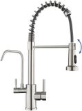 Merkloos Robinet de cuisine - 3 voies avec raccord filtre - Haute pression - Douchette extractible avec double jet - Pivotant à 360° - Double levier - Montage monotrou - Inox brossé