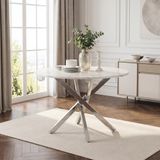 STILVORA Eettafel Rond 80 cm - Marmerlook Blad Met Zilverkleurig X Onderstel - Modern Voor Eetkamer En Keuken - MDF En Metaal - Wit En Zilver