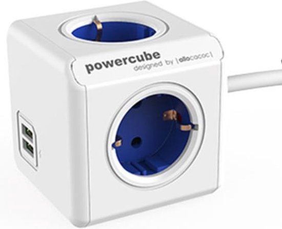 Allocacoc PowerCube Extended DUO USB - Stekkerdoos - 4 stopcontacten - 2 USB - 1.5m - Blauw/Wit